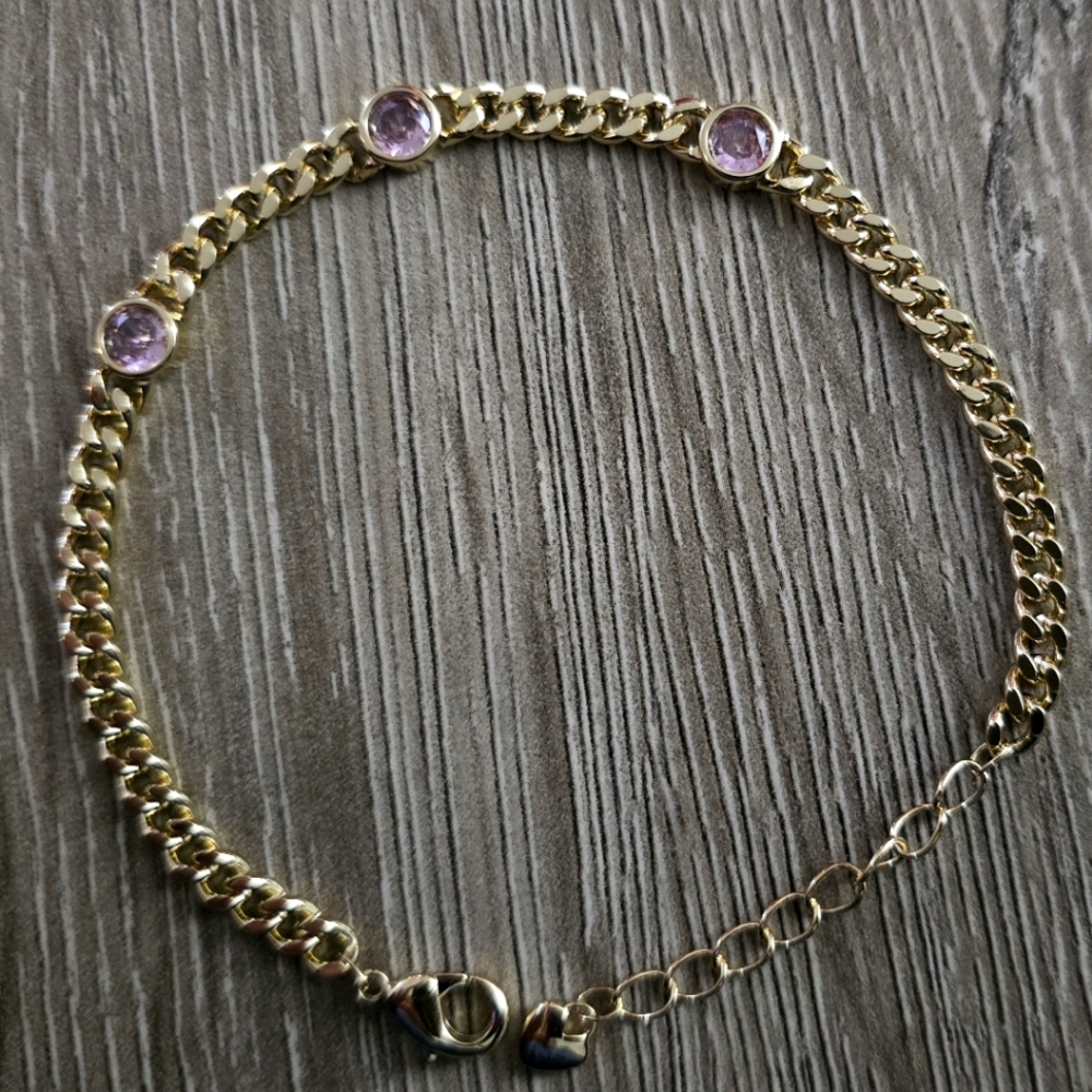 14kt Gold Plated Curb Link Bracelet With Faux Amethyst Colored Crystals 8" NWOT